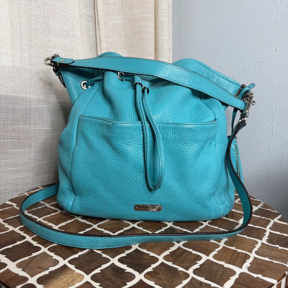 Coach Avery Bucket Bag Pebbled Leather Drawstring Purse Turquoise Blue 27003